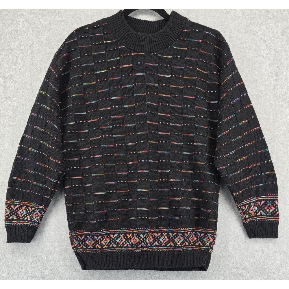 Vtg 3D Black Multicolor Sweater Women Sz 40 Large Acrylic 80s New Wave Rose USA‎